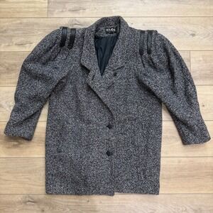 Vintage Elco Wool Tweed Puff Sleeve Leather Trim Coat Grey Pink Size 18